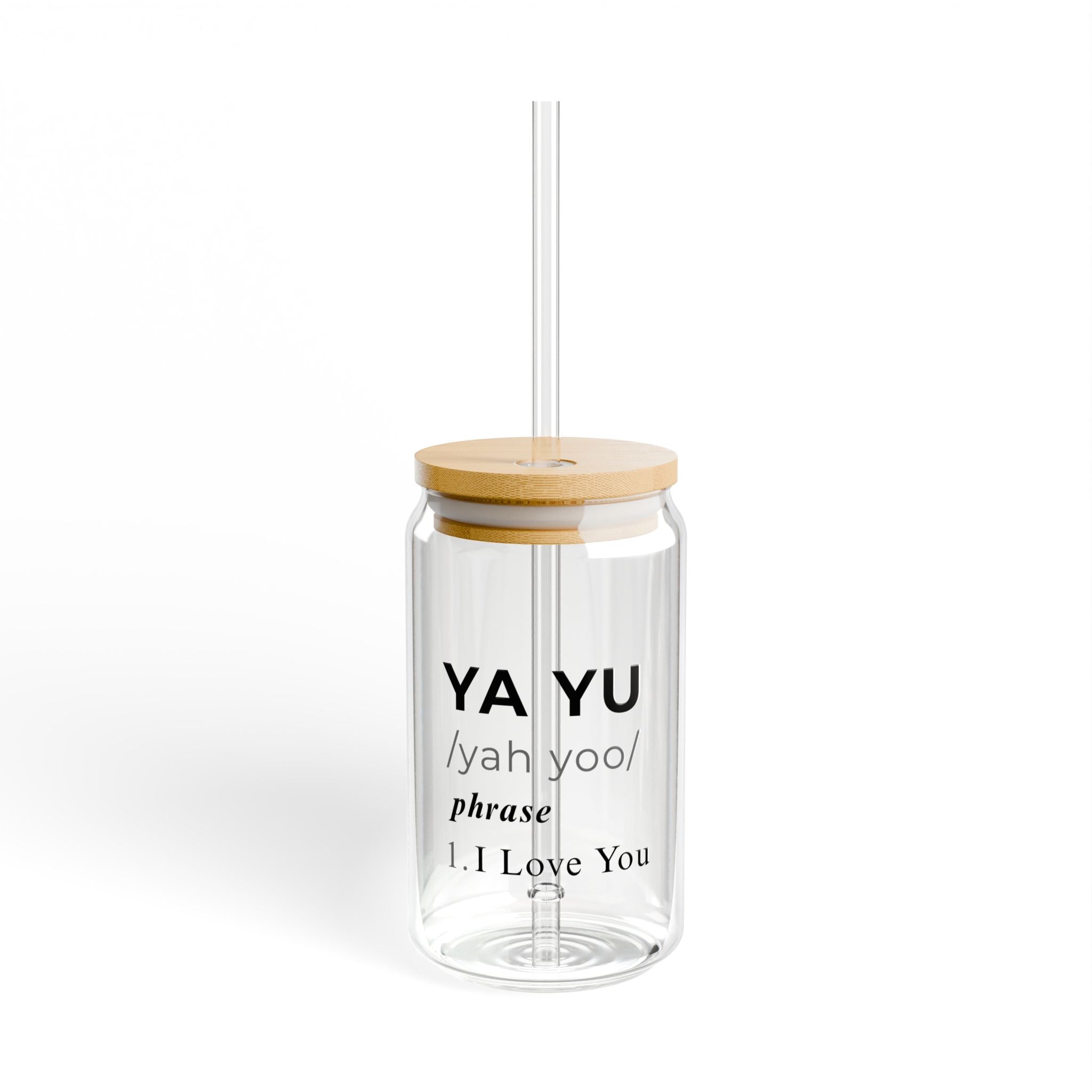 16oz Glass Sipper Cup with Bamboo Lid – “YA YU / I Love You” Definition Design